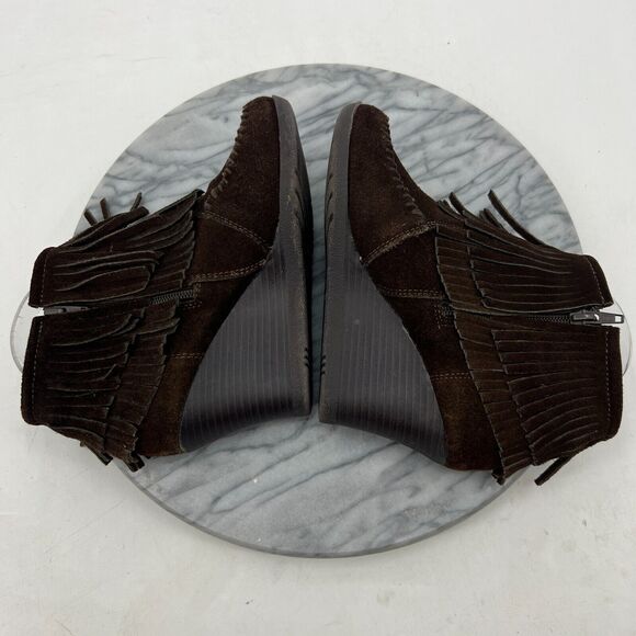 Minnetonka Fringe Wedge Booties Womens 5.5 Espresso Brown Suede Ankle Heel Boots - Picture 6 of 11